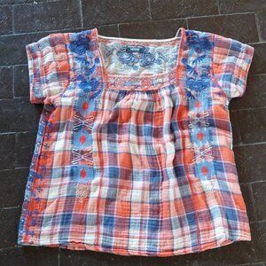 Johnny Was Workshop Blouse Top Women's Medium Red/White/Blue Embroidered